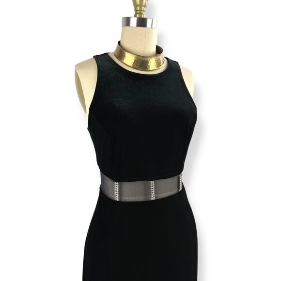 90's sexy black velvet long fitted dress with high slit and mesh crystal trim - Picture 9 of 16